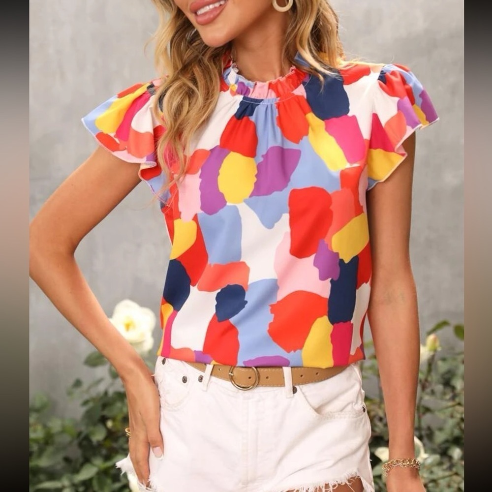SHEIN Prive Allover Print Butterfly Sleeve Frill Neck Blouse Multicolor Large